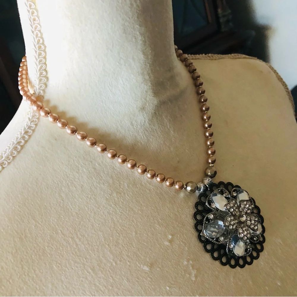 Handcrafted repurpose floral stone filigree pendant Czech glass Pearl necklace